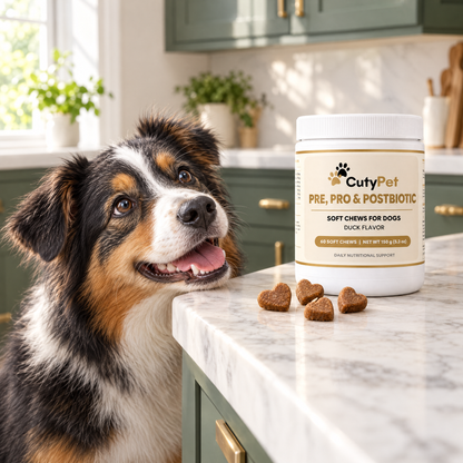 Australian Shepherd looking at the CutyPet Pre, Pro & Postbiotic jar on a kitchen counter