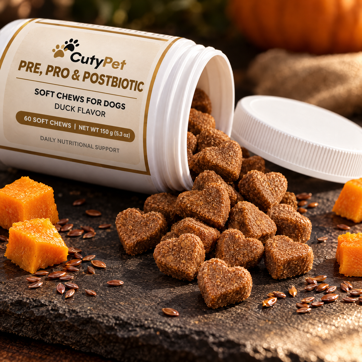 Heart-shaped duck soft chews spilling from the CutyPet Pre, Pro & Postbiotic jar