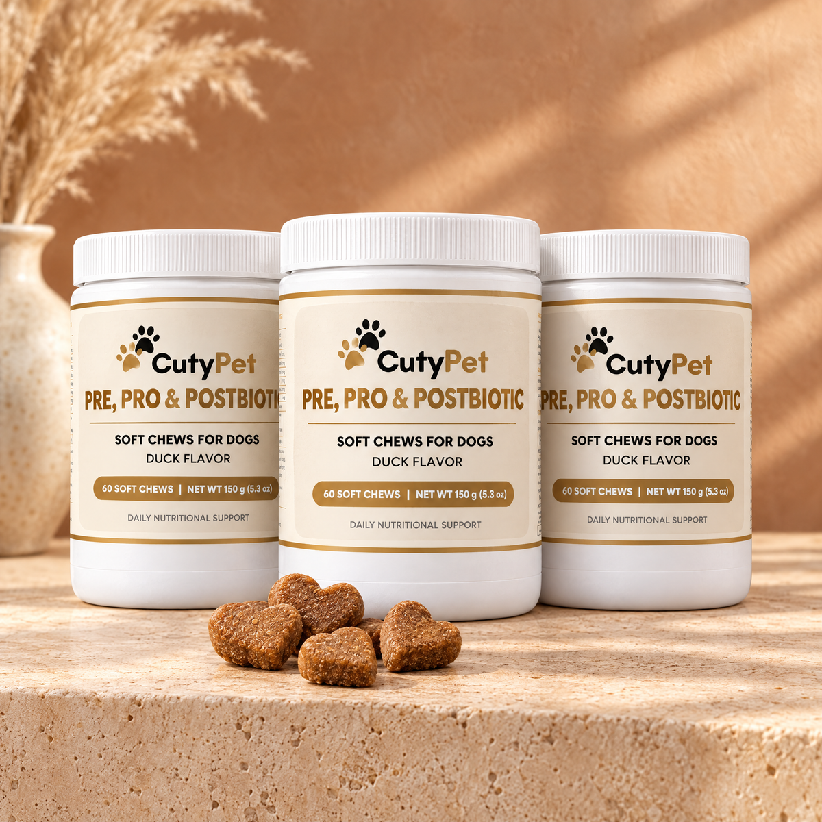 Three jars of CutyPet Pre, Pro & Postbiotic Soft Chews