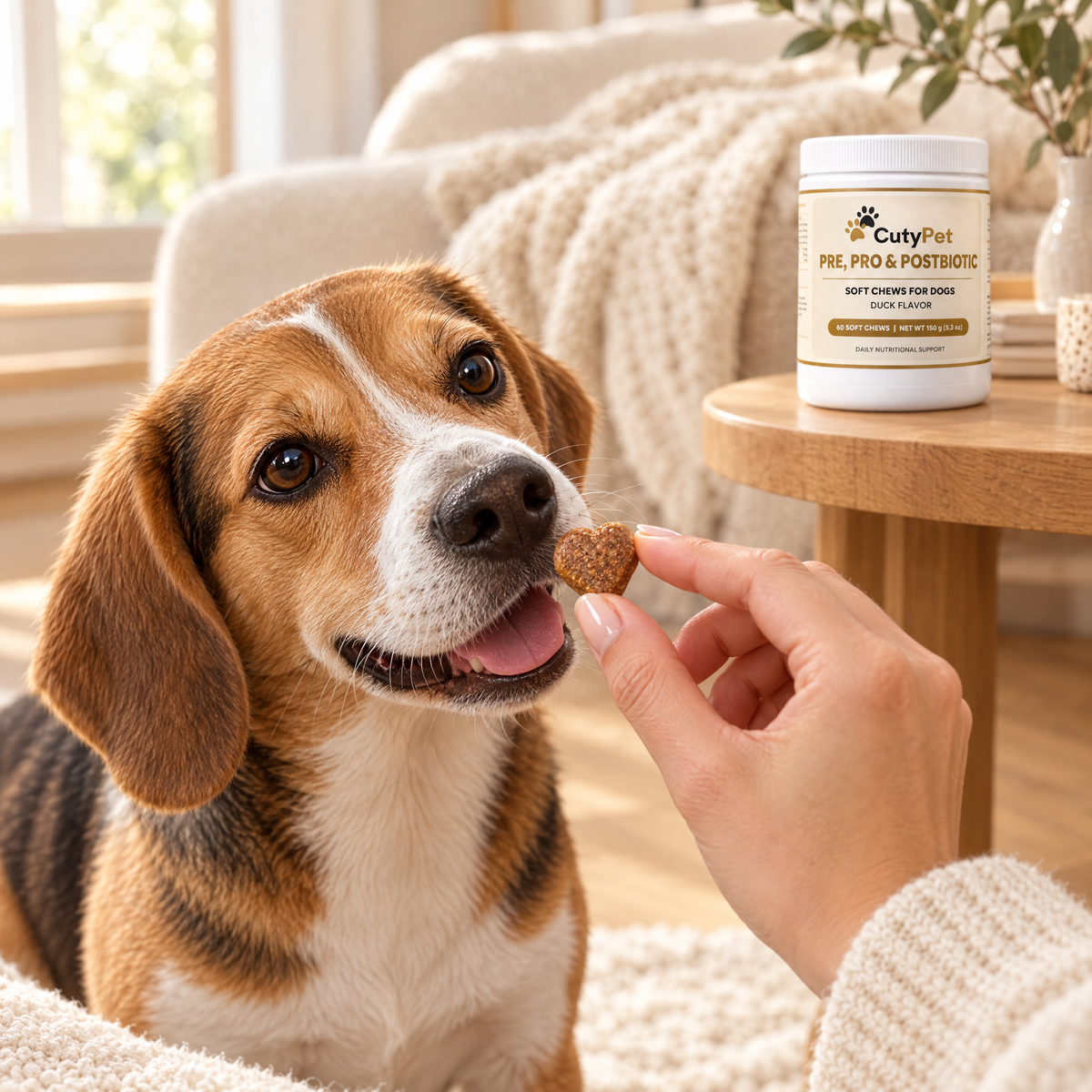 Beagle taking a heart-shaped CutyPet chew from its owner's hand