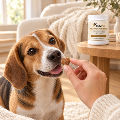 Beagle taking a heart-shaped CutyPet chew from its owner's hand