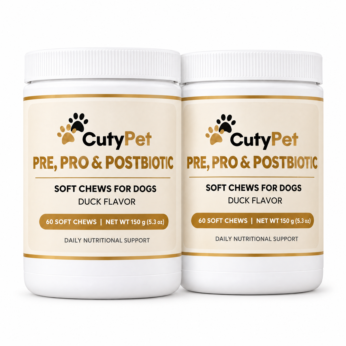 Two jars of CutyPet Pre, Pro & Postbiotic Soft Chews