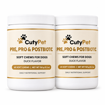 Two jars of CutyPet Pre, Pro & Postbiotic Soft Chews