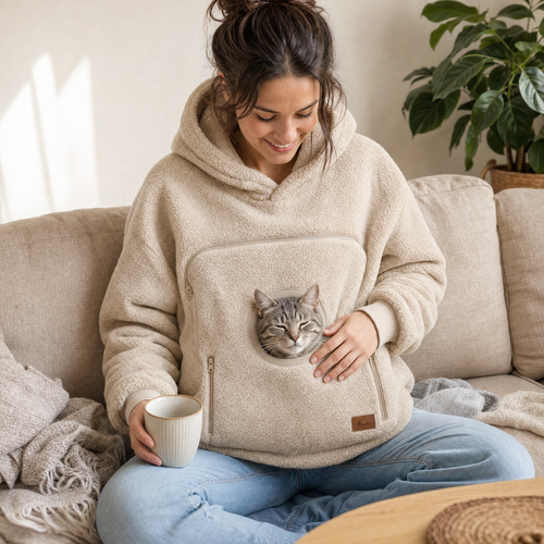 CutyPet Pouch Hoodie in Cream, cat resting in the front pocket