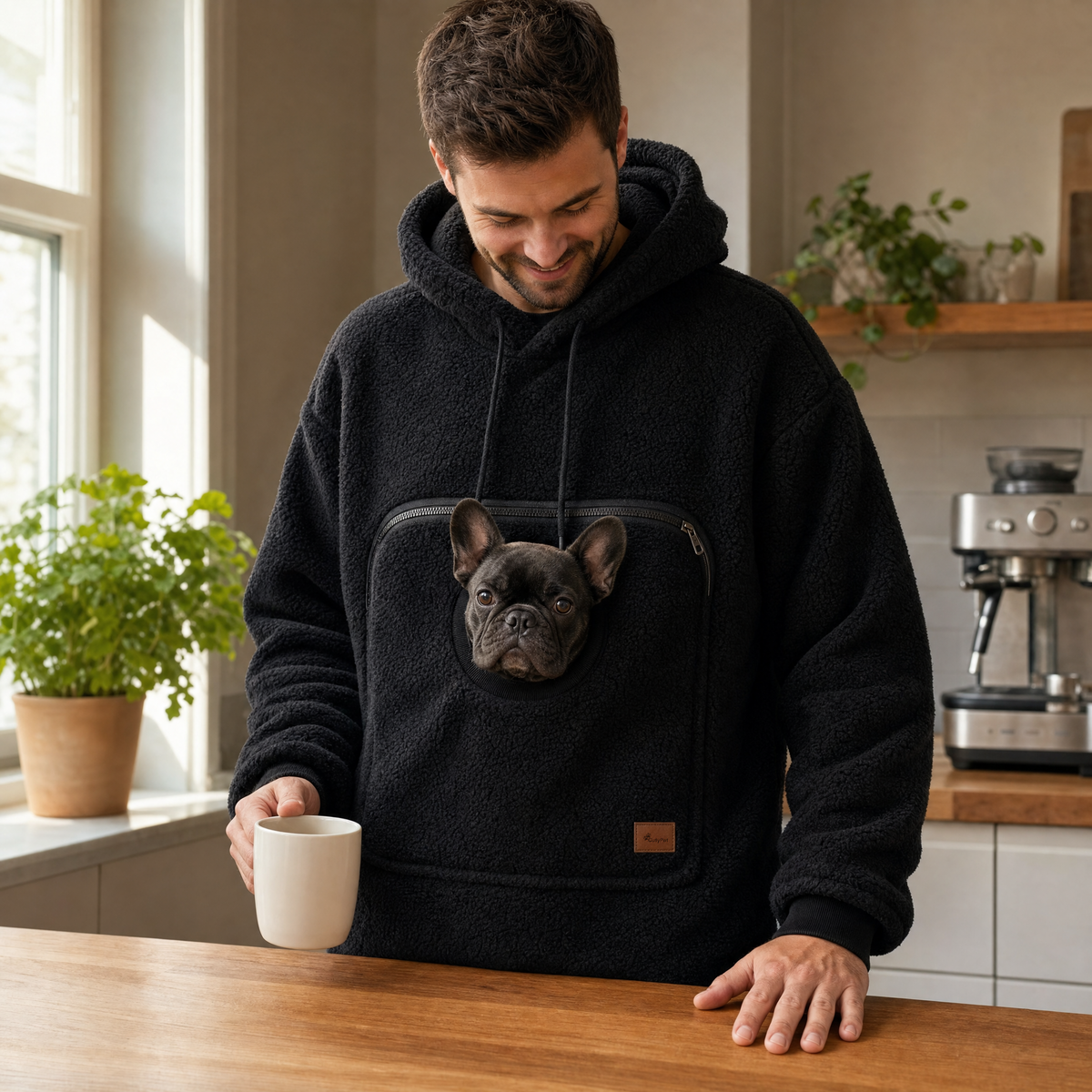 Black pouch hoodie with a French bulldog in the pocket