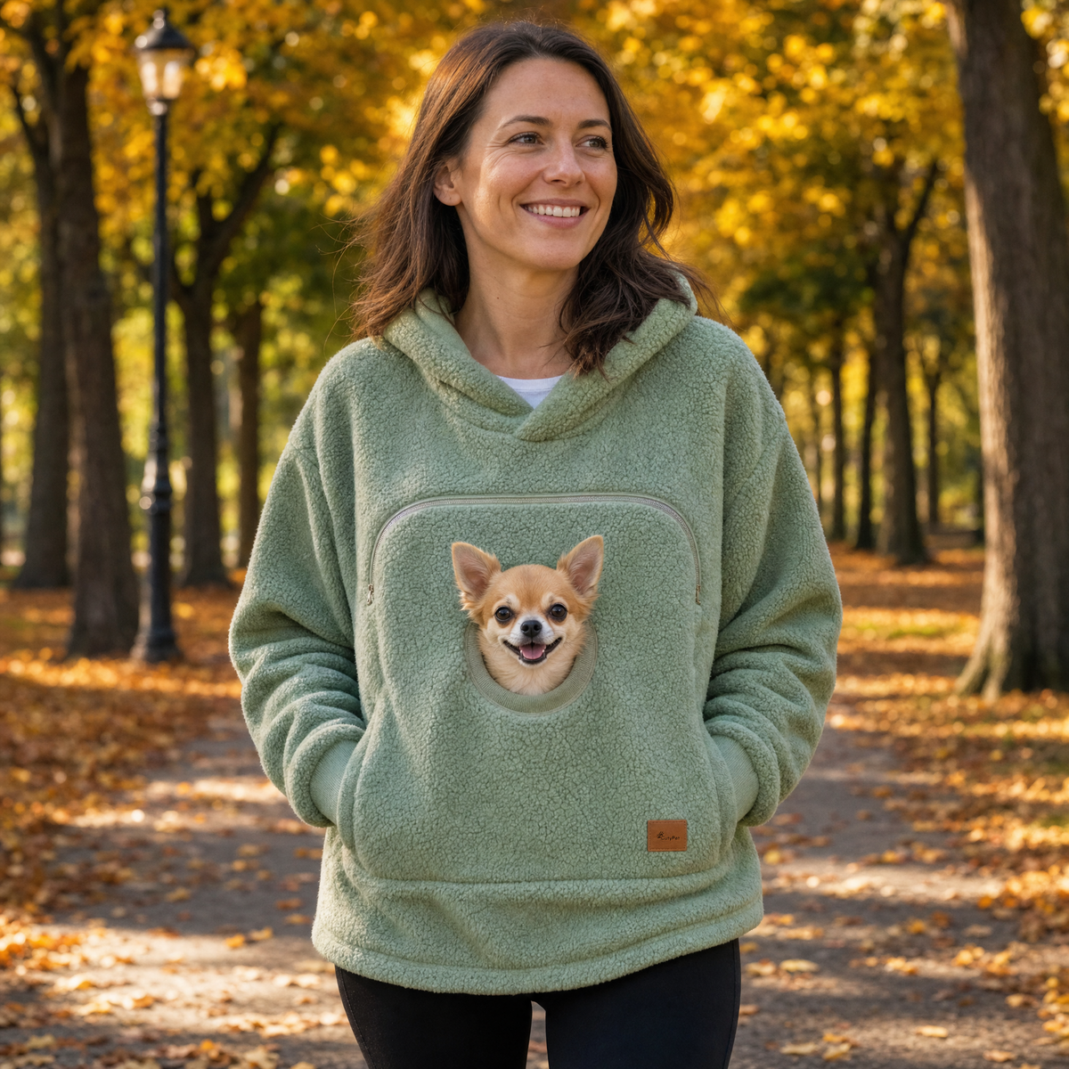 Olive pouch hoodie outdoors with a chihuahua