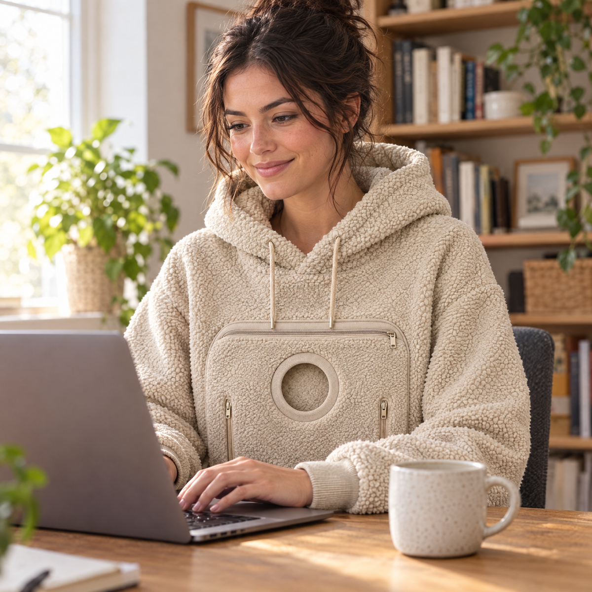 Beige pouch hoodie worn as an everyday hoodie, pocket empty