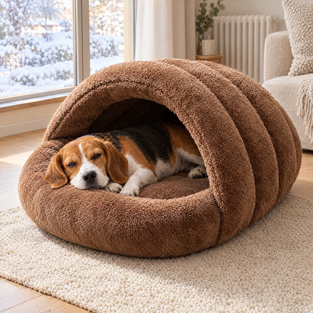 Beagle stretched out inside the XXL slipper bed