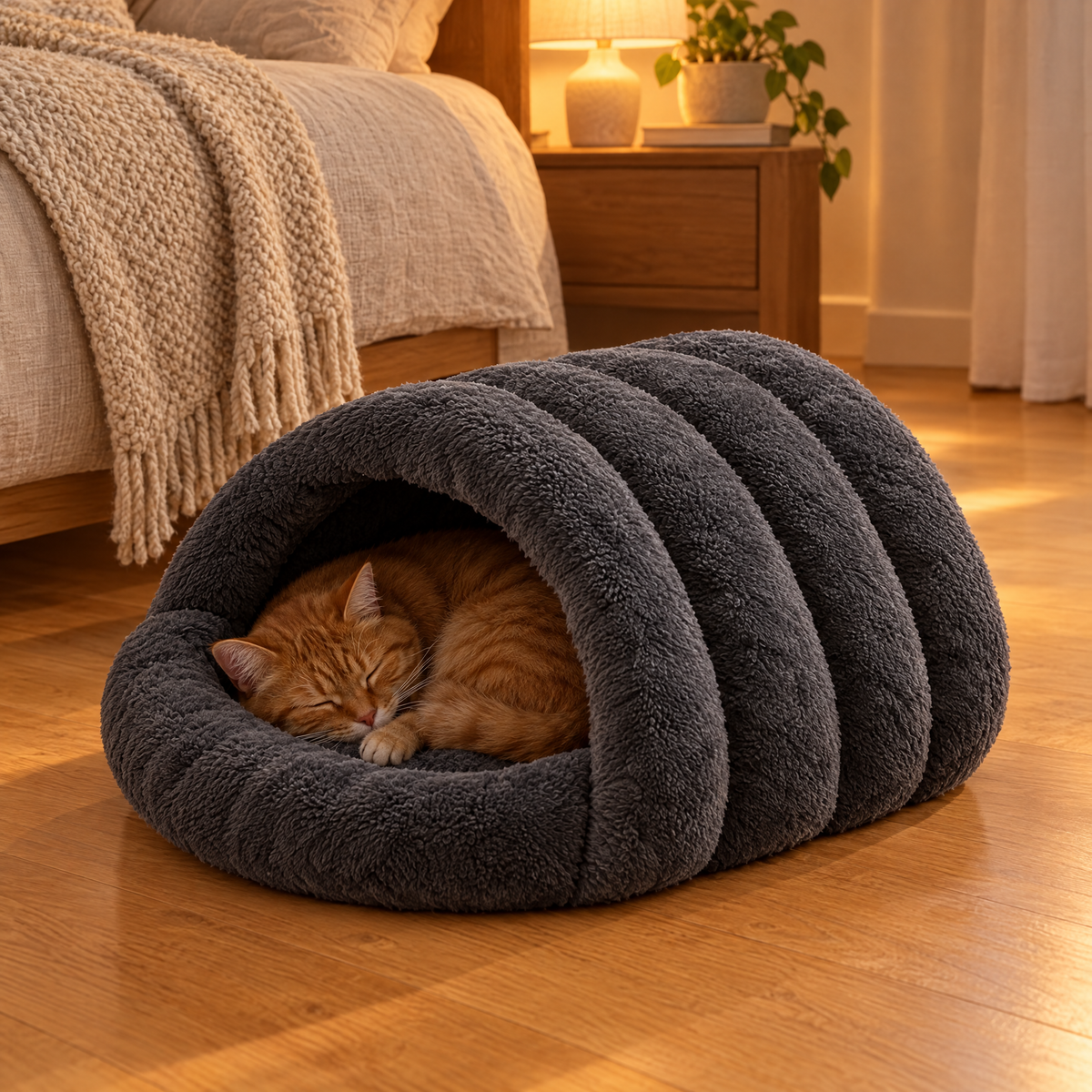 Cat asleep inside the dark grey slipper bed