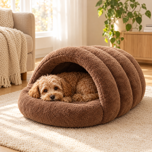 CutyPet Plush Slipper Bed in brown with a small dog resting inside