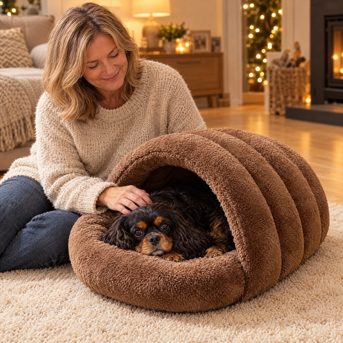 Owner stroking her cavalier inside the brown slipper bed