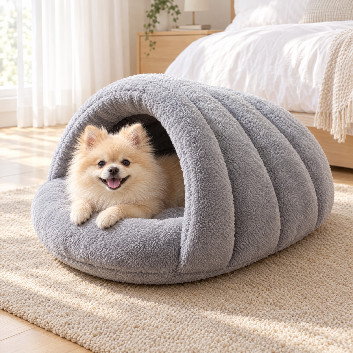 Pomeranian inside the light grey slipper bed