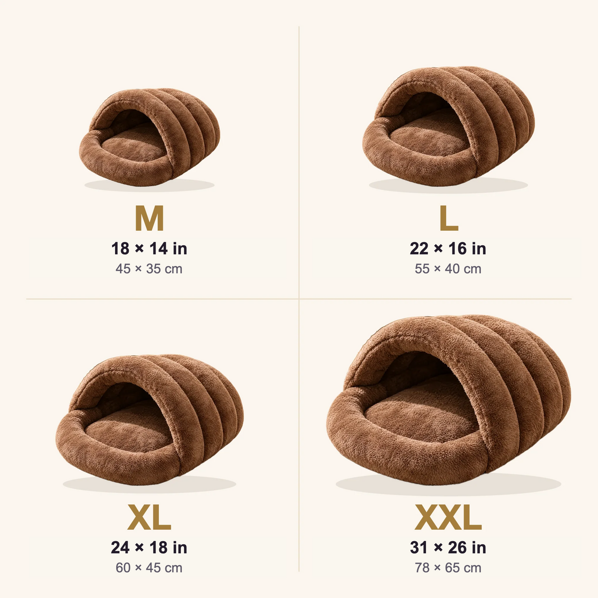 Slipper bed sizes M, L, XL and XXL with dimensions in inches and cm