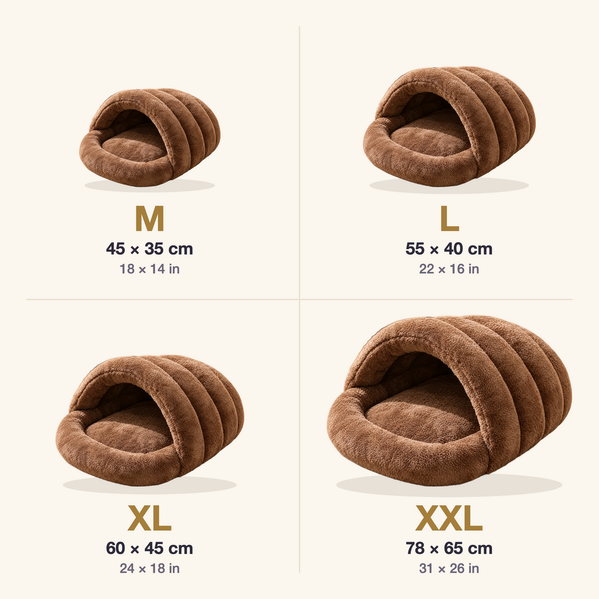 Slipper bed sizes M, L, XL and XXL with dimensions