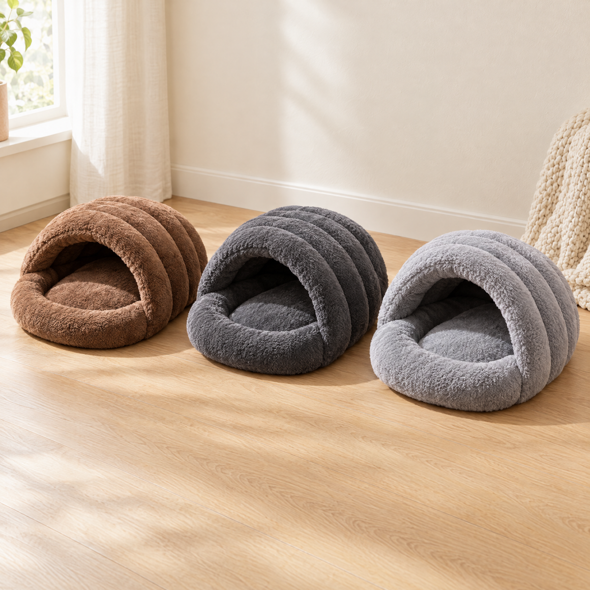 Slipper bed in brown, dark grey and light grey